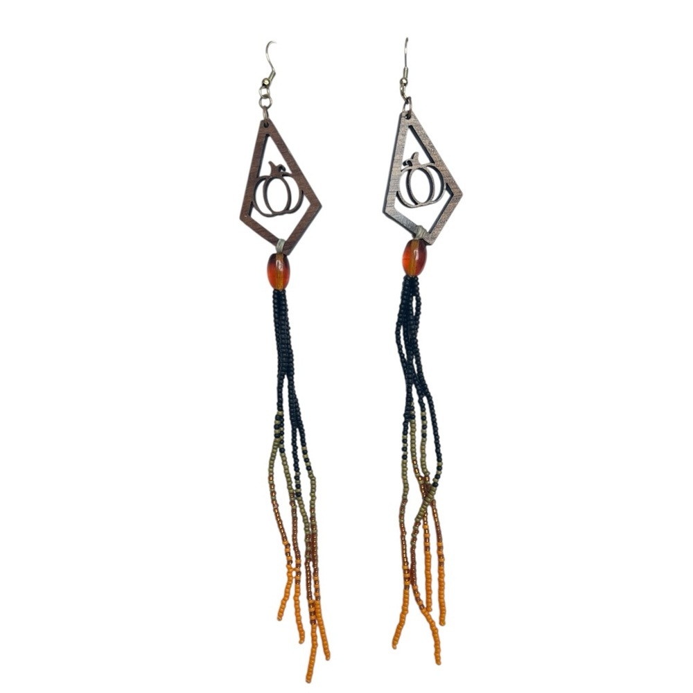 Artisian Fall Pumpkin Wood Seed Bead Dangle Pierced Earrings Boho - Picture 2 of 7